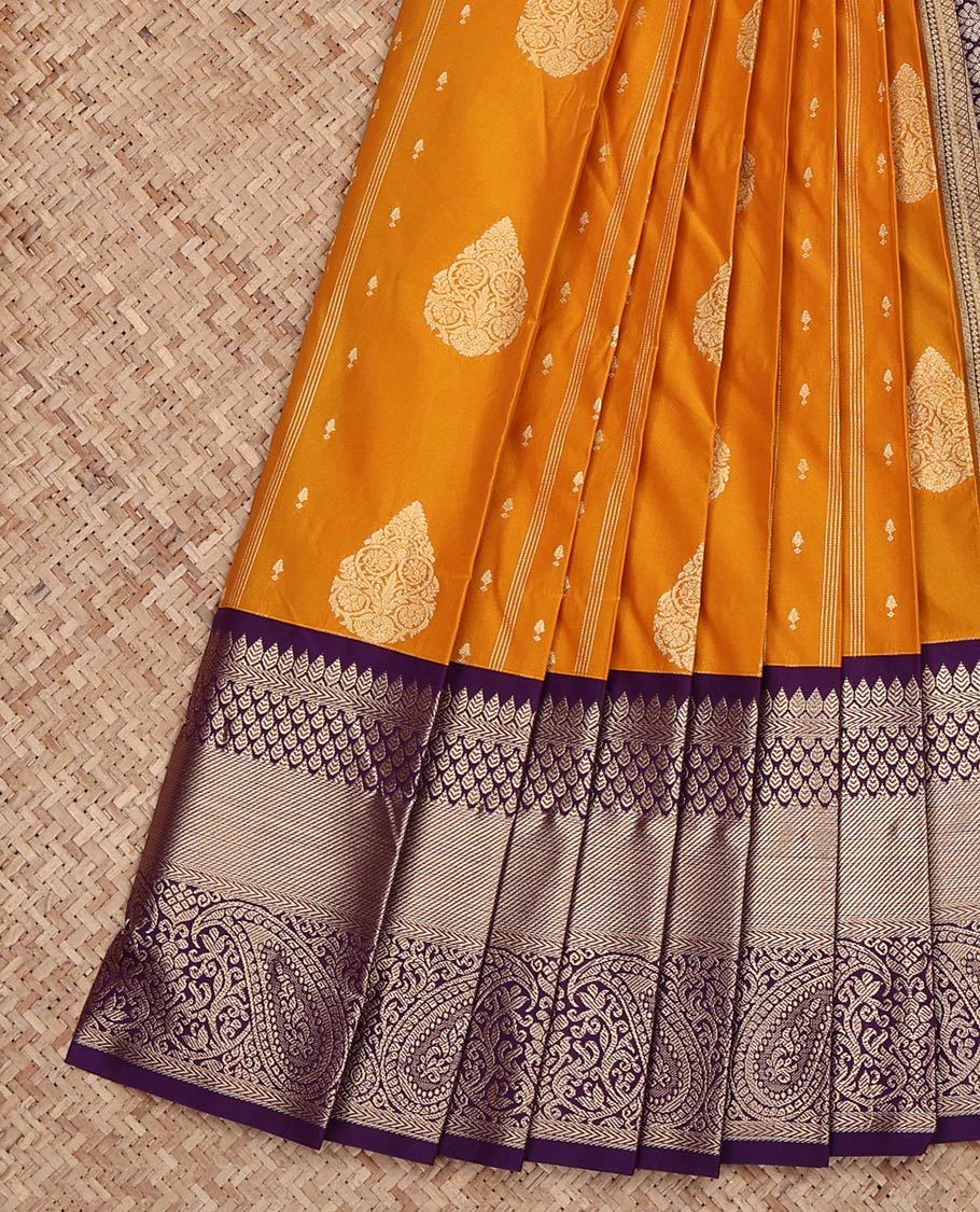 Orange Budget Silk Saree, Detailed with Zari Buttas and Stripes on Its Body, Complemented by a Contrast Traditional Zari Design Border, Grand Jaal Pallu, and Paired with a Contrast Blouse