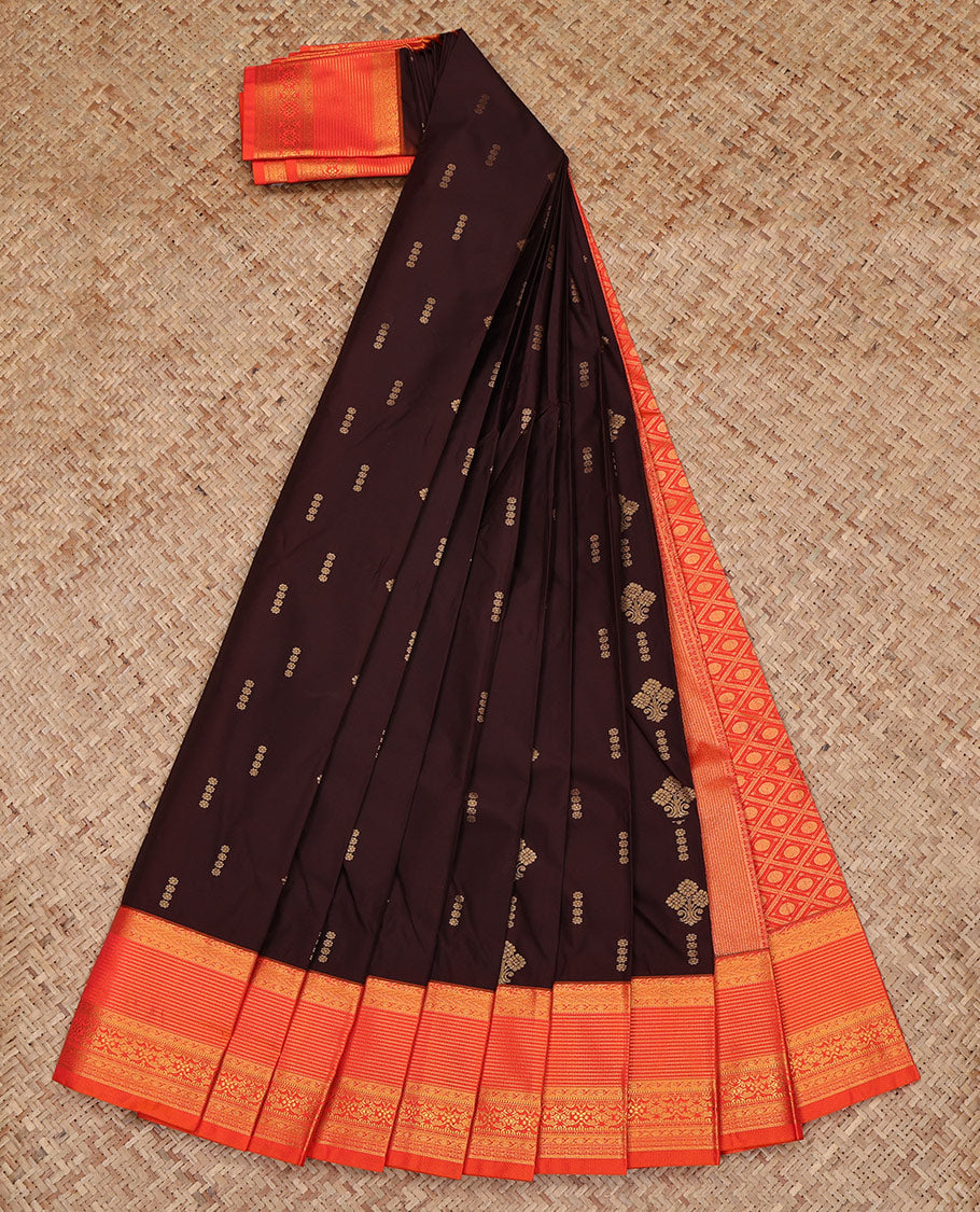Brown Budget Silk Saree, Enlivened with Zari Buttas All Over Its Body, Complemented by a Contrast Traditional Zari Design Border, Grand Jaal Pallu, and Paired with a Contrast Blouse