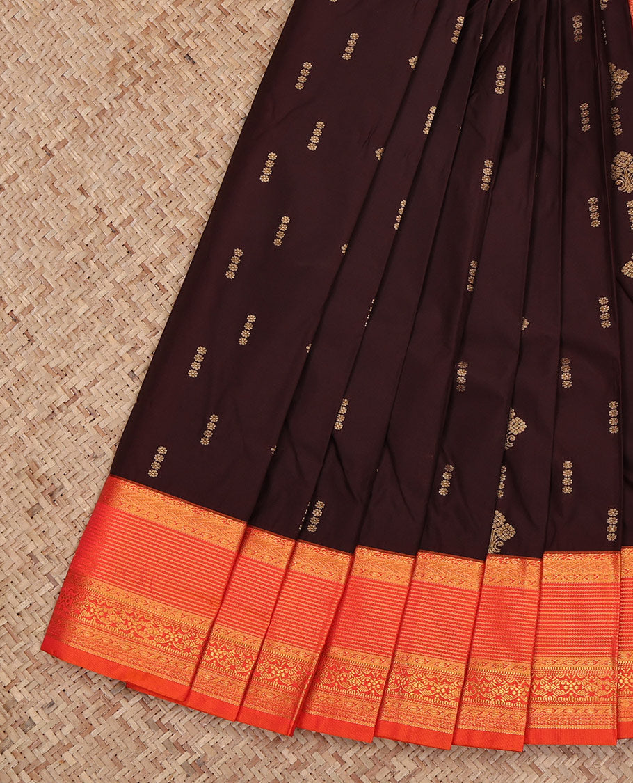 Brown Budget Silk Saree, Enlivened with Zari Buttas All Over Its Body, Complemented by a Contrast Traditional Zari Design Border, Grand Jaal Pallu, and Paired with a Contrast Blouse