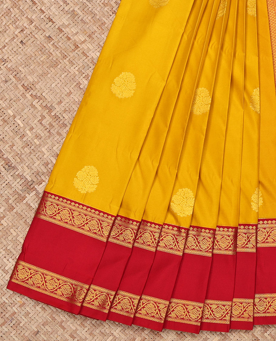 Yellow Budget Silk Saree, Sparsely Sparkled with Zari Buttas All Over Its Body, Complemented by a Contrast Rettai Pettu Floral Creeper Zari Border, Pallu of Jaal Designs, and Paired with a Contrast Blouse