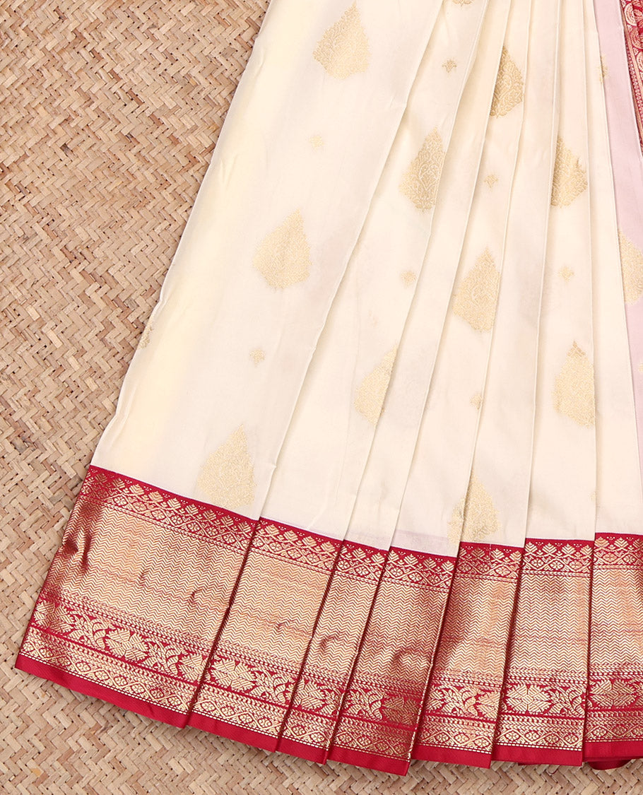 Cream Budget Silk Saree, Enthralled with Zari Buttas on Its Body, Complemented by a Contrast Traditional Zari Design Border, Intricately Designed Pallu, and Paired with a Contrast Blouse