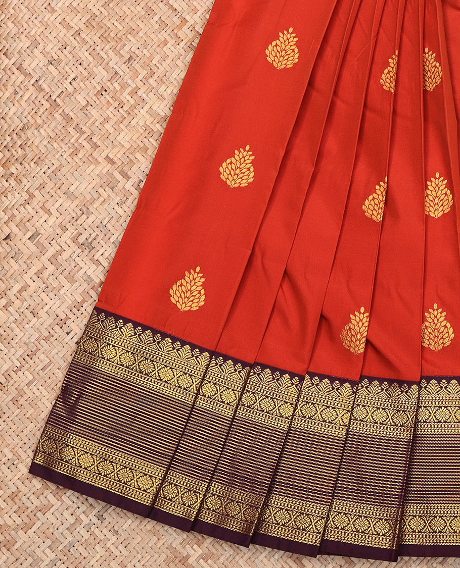 Rust Budget Silk Saree, Detailed with Zari Buttas, Complemented by a Contrast Traditional Zari Border, Grand Pallu, and a Contrast Blouse