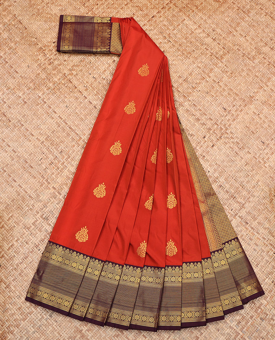 Rust Budget Silk Saree, Detailed with Zari Buttas, Complemented by a Contrast Traditional Zari Border, Grand Pallu, and a Contrast Blouse