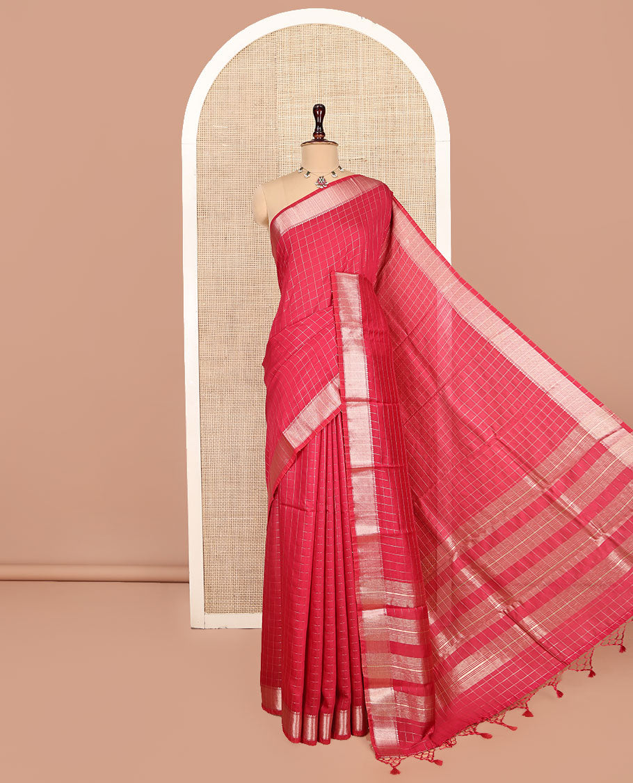 Red Checked Assam Silk Saree, Highlighted by a Traditional Zari Border, Zari-Striped Pallu, and a Matching Blouse