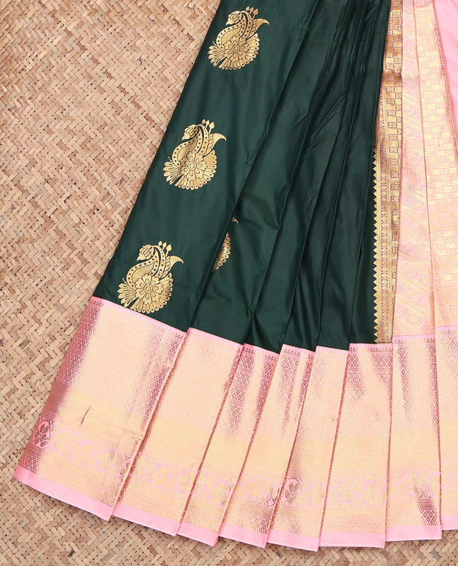 Green Budget Silk Saree, Decorated with Zari Buttas, Contrast Traditional Zari Border, Intricately Designed Pallu, and a Contrast Blouse