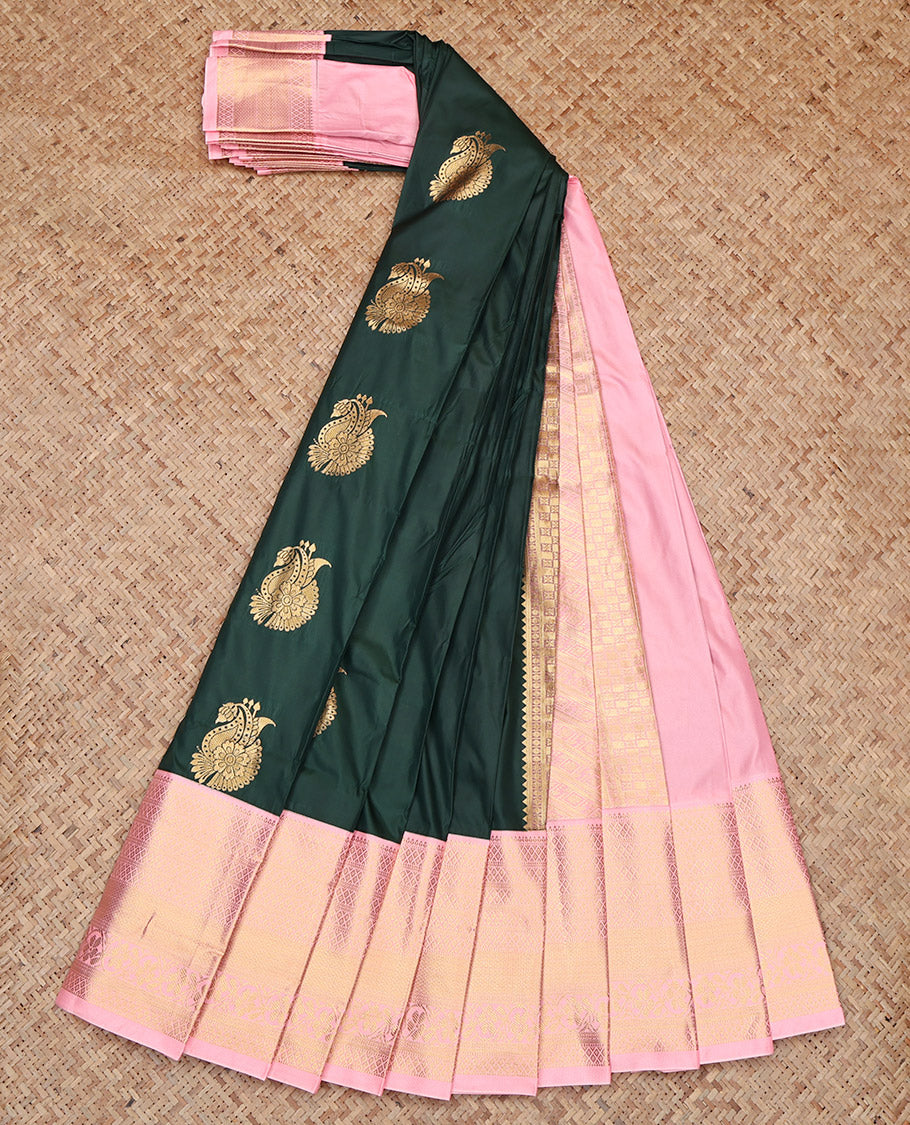 Green Budget Silk Saree, Decorated with Zari Buttas, Contrast Traditional Zari Border, Intricately Designed Pallu, and a Contrast Blouse