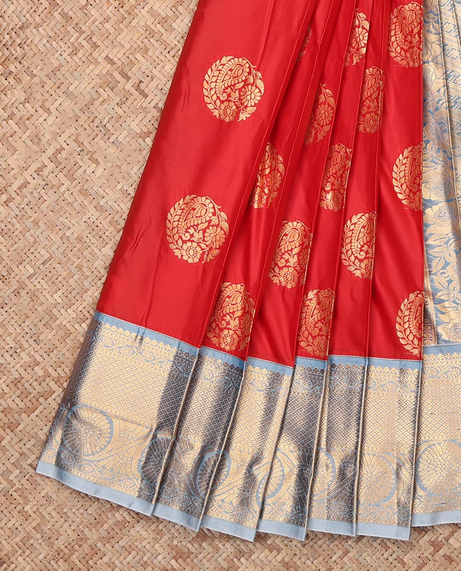 Rust Budget Silk Saree, Elevated with Zari Buttas, Complemented by Contrast Traditional Zari Border, Grand Pallu and a Contrast Blouse