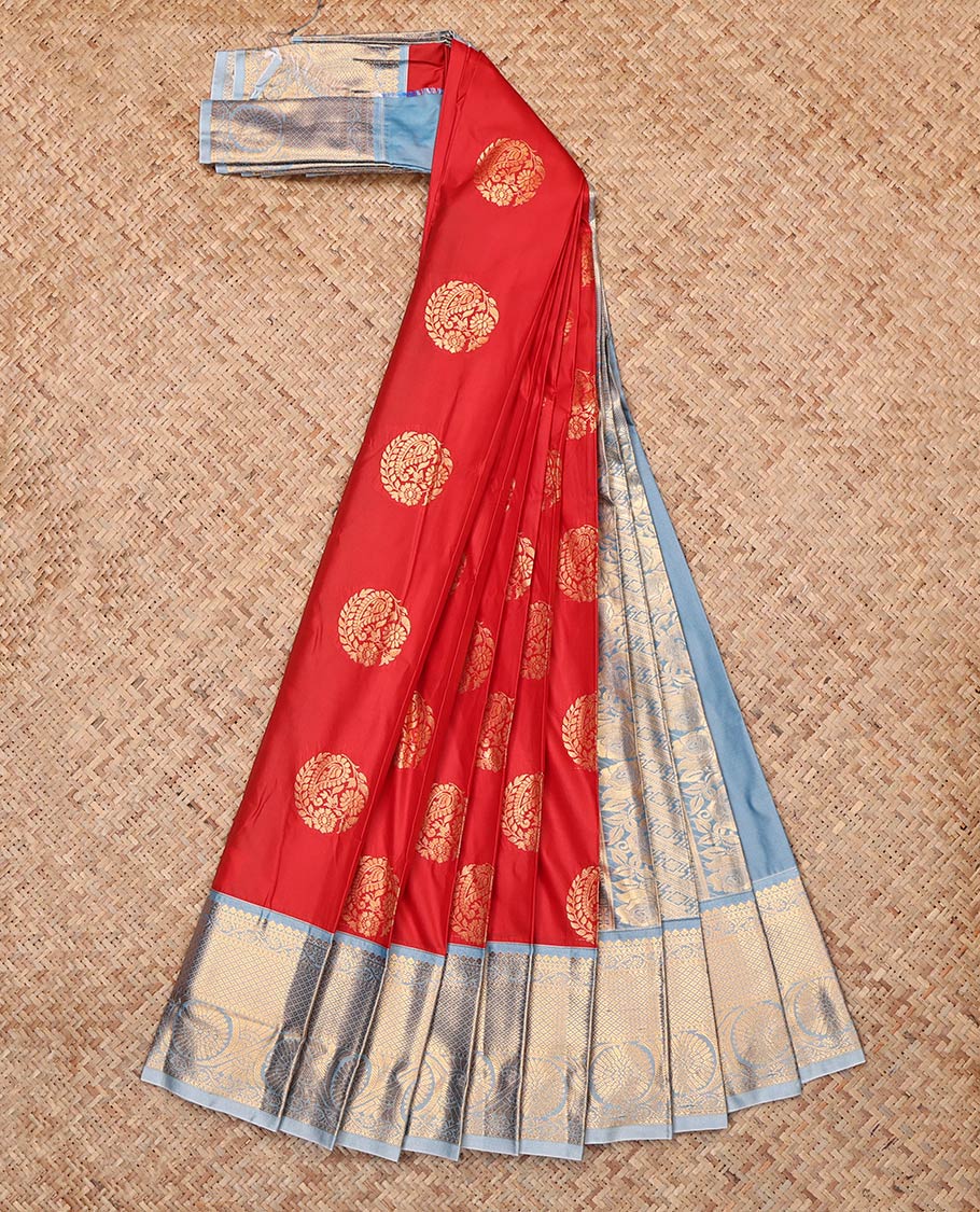 Rust Budget Silk Saree, Elevated with Zari Buttas, Complemented by Contrast Traditional Zari Border, Grand Pallu and a Contrast Blouse