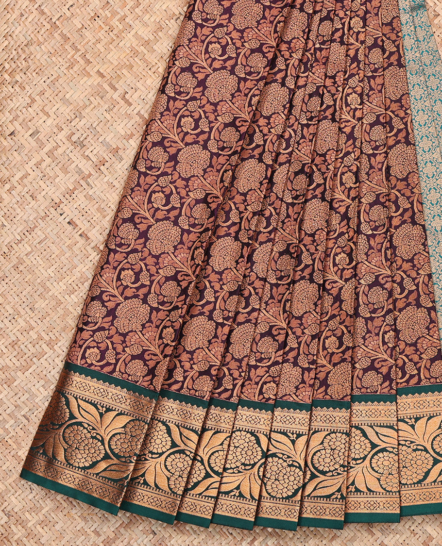 Brown Budget Silk Saree, Enthralled with Floral Jacquard, Complemented by Contrast Traditional Zari Border, Jaal Pallu, and a Contrast Blouse