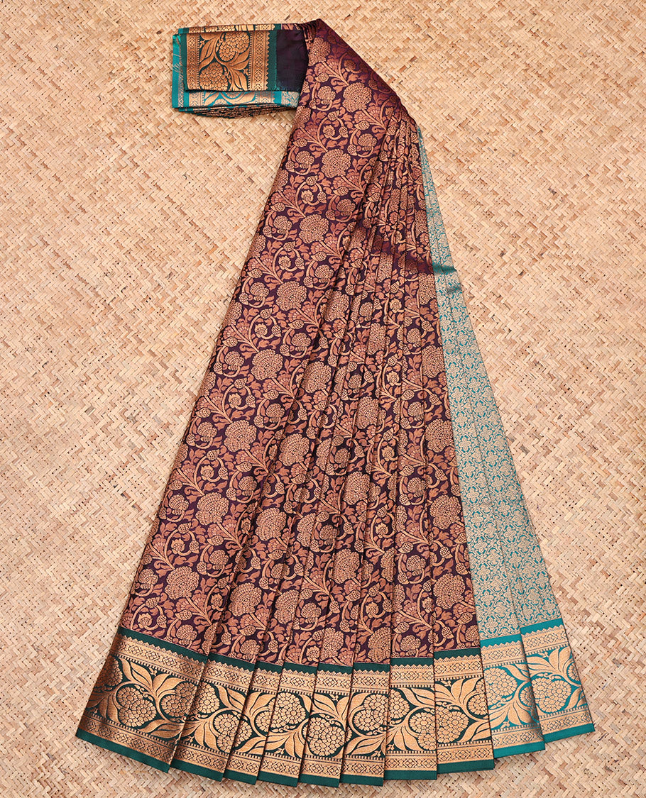 Brown Budget Silk Saree, Enthralled with Floral Jacquard, Complemented by Contrast Traditional Zari Border, Jaal Pallu, and a Contrast Blouse