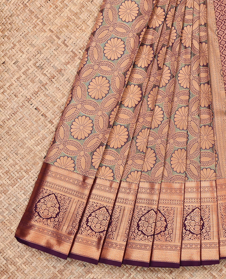 Grey Budget Silk Saree, Woven with Jacquard, Complemented by Contrast Traditional Zari Border, Jaal Pallu, and a Contrast Blouse