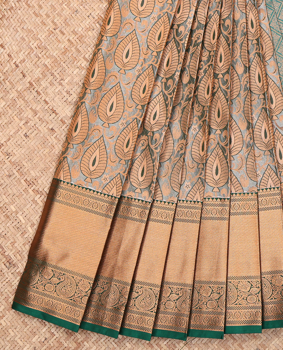 Grey Budget Silk Saree, Elegantly Framed with Jacquard, a Contrast Traditional Zari Border, Jaal Pallu, and a Contrast Blouse