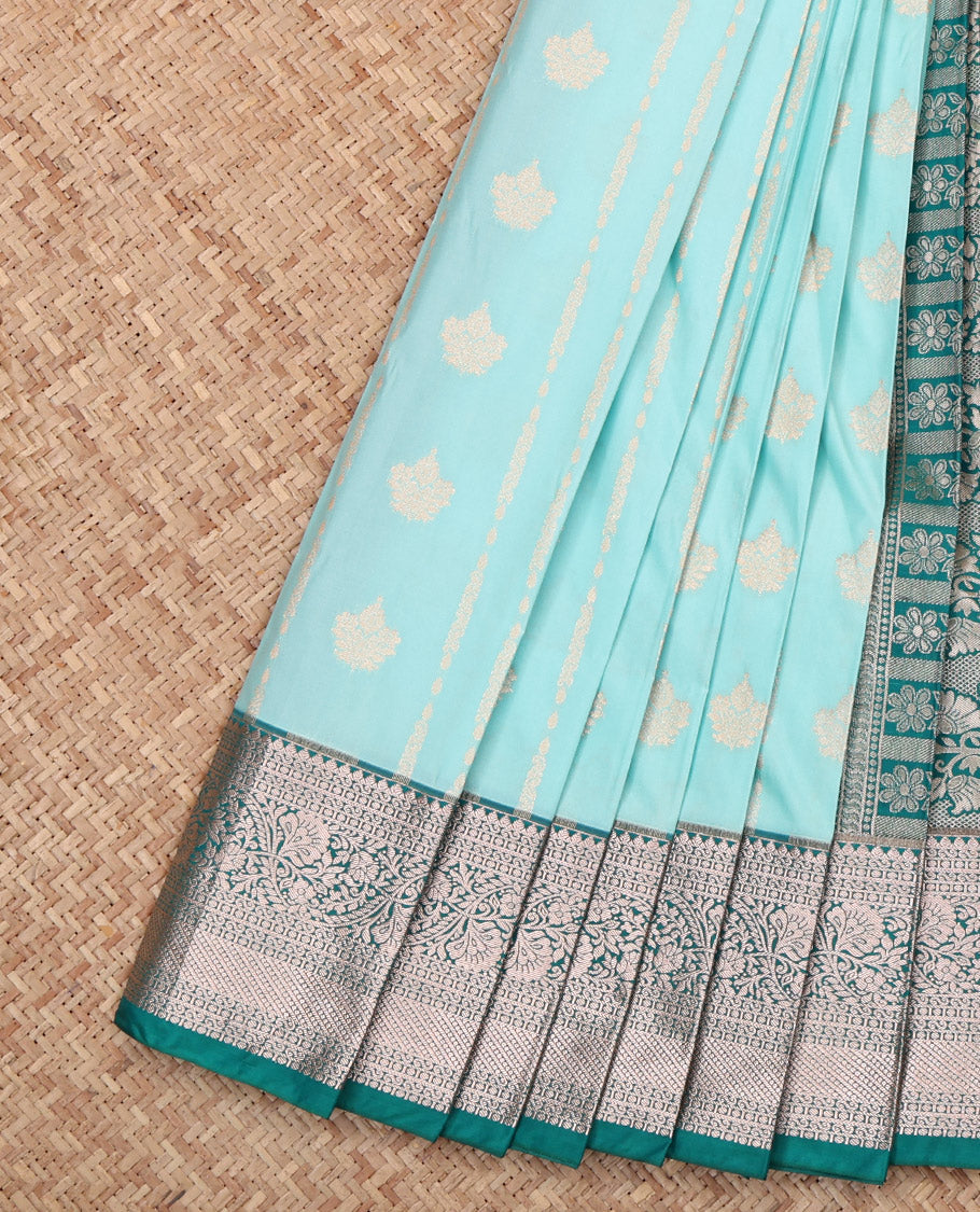 Blue Budget Silk Saree, Sparsely Threaded with Zari Buttas, Complemented by a Contrast Traditional Zari Border, Grand Pallu, and Contrast Blouse