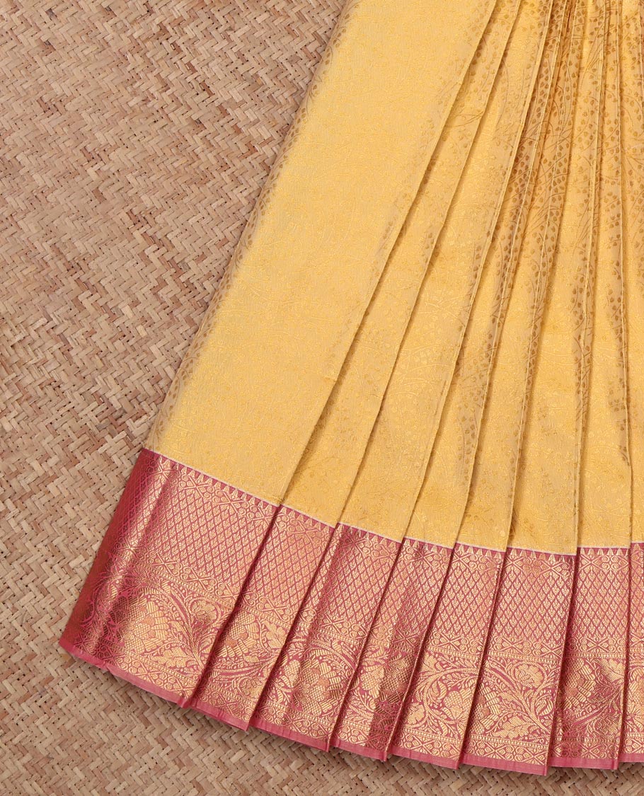 Sandal Budget Silk Saree, Richly Detailed with Floral Jacquard, Complemented by a Contrast Traditional Zari Border, Grand Pallu, and a Contrast Blouse