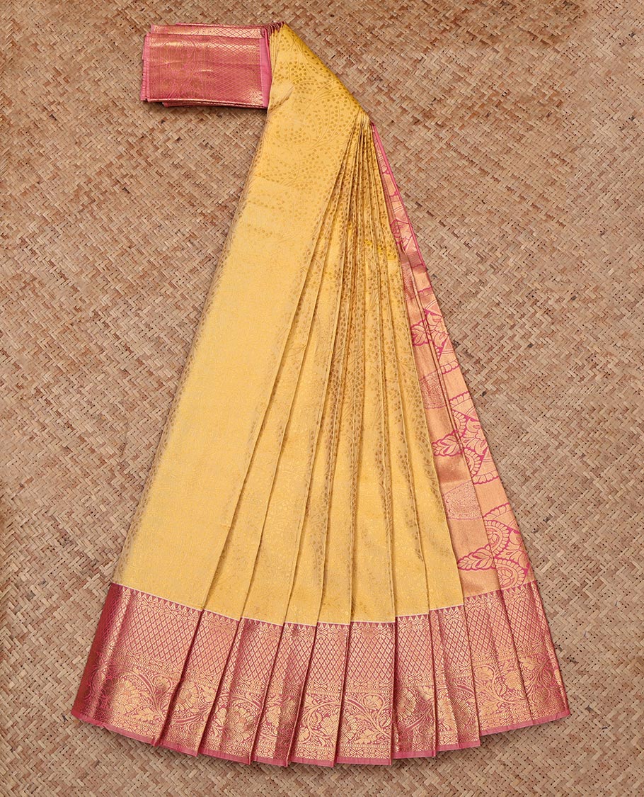 Sandal Budget Silk Saree, Richly Detailed with Floral Jacquard, Complemented by a Contrast Traditional Zari Border, Grand Pallu, and a Contrast Blouse