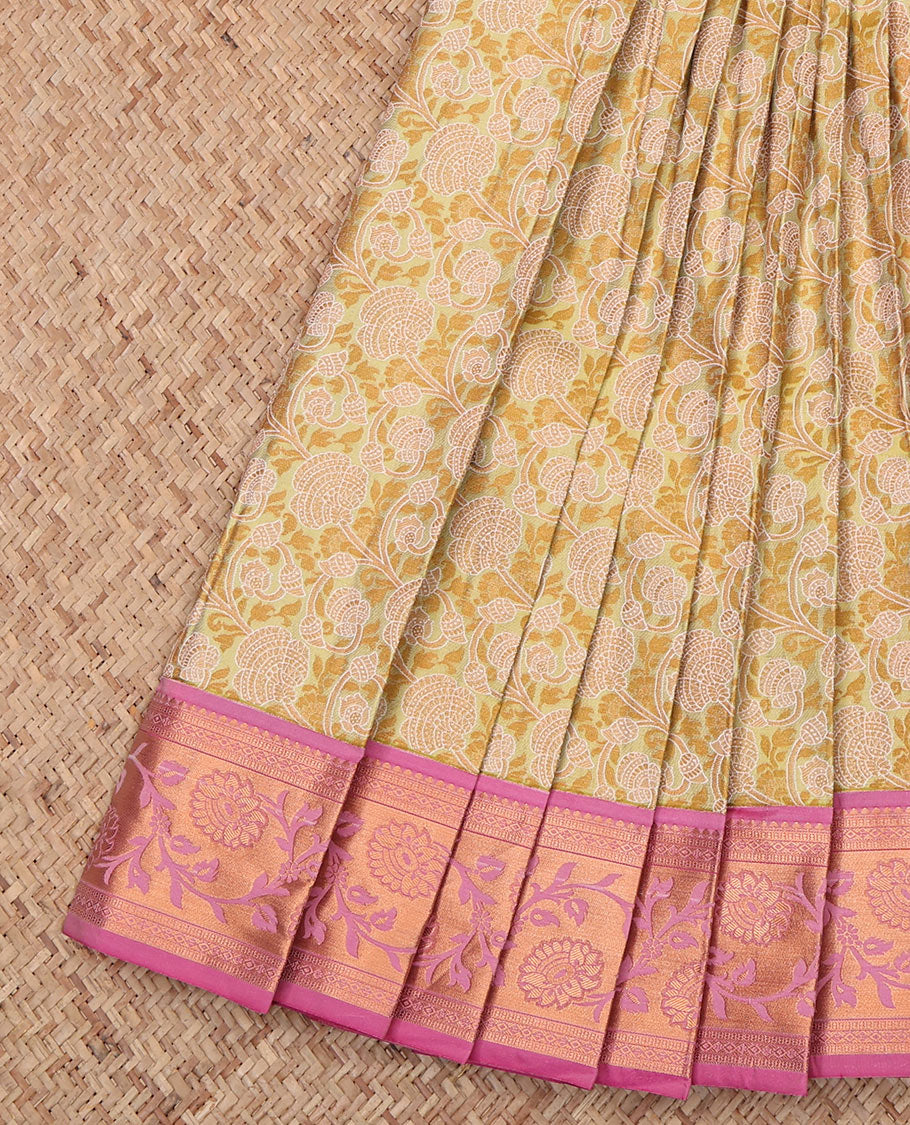 Yellow Budget Silk Saree, Bedecked with a Jacquard Design, Complemented by a Contrast Floral Creeper Zari Border, Jaal Pallu, and Contrast Blouse
