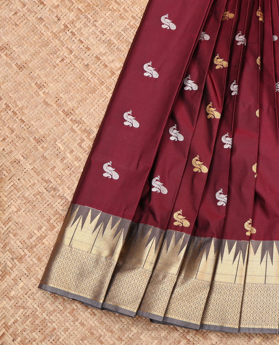 Maroon Budget Silk Saree, Adorned with Peacock Buttas, Complemented by a Contrast Temple Traditional Zari Border, Grand Pallu, and Contrast Blouse