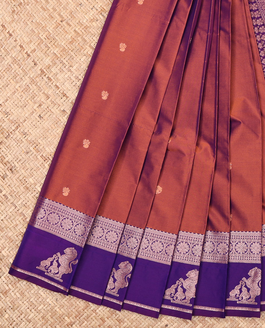 Rust Budget Silk Saree, Spotlighted with Zari Buttas, Complemented by a Contrast Traditional Zari Border of Singam Designs, Grand Pallu, and a Contrast Blouse