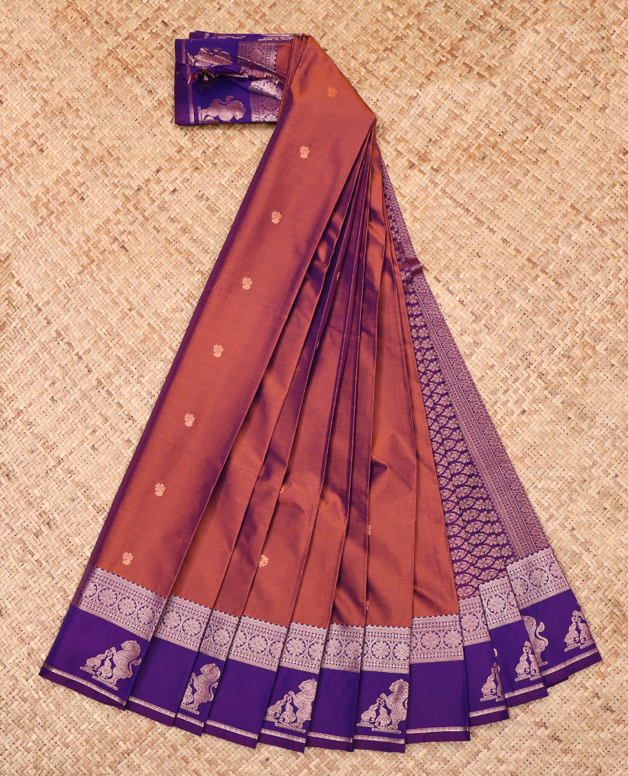 Rust Budget Silk Saree, Spotlighted with Zari Buttas, Complemented by a Contrast Traditional Zari Border of Singam Designs, Grand Pallu, and a Contrast Blouse