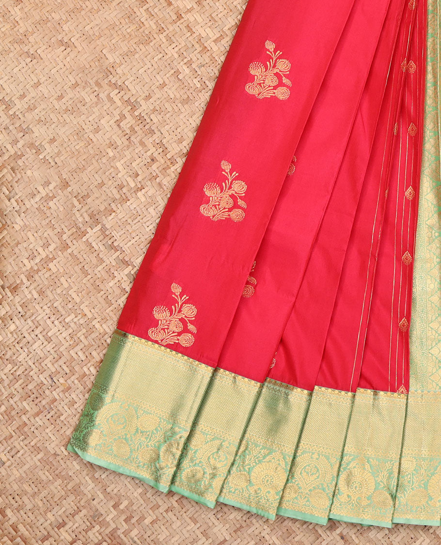 Red Budget Silk Saree Featuring Zari Buttas, Complemented by a Contrast Traditional Zari Border, Grand Pallu, and a Contrast Blouse
