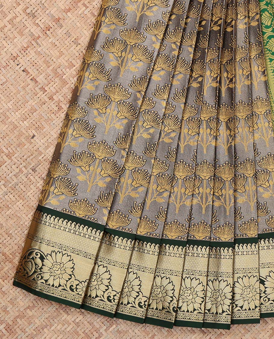 Grey Budget Silk Saree, Spotlighted with Floral Zari Design, Complemented by Contrast Traditional Zari Border, a Jaal Pallu and a Contrast Blouse