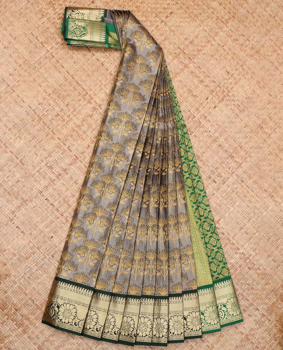 Grey Budget Silk Saree, Spotlighted with Floral Zari Design, Complemented by Contrast Traditional Zari Border, a Jaal Pallu and a Contrast Blouse