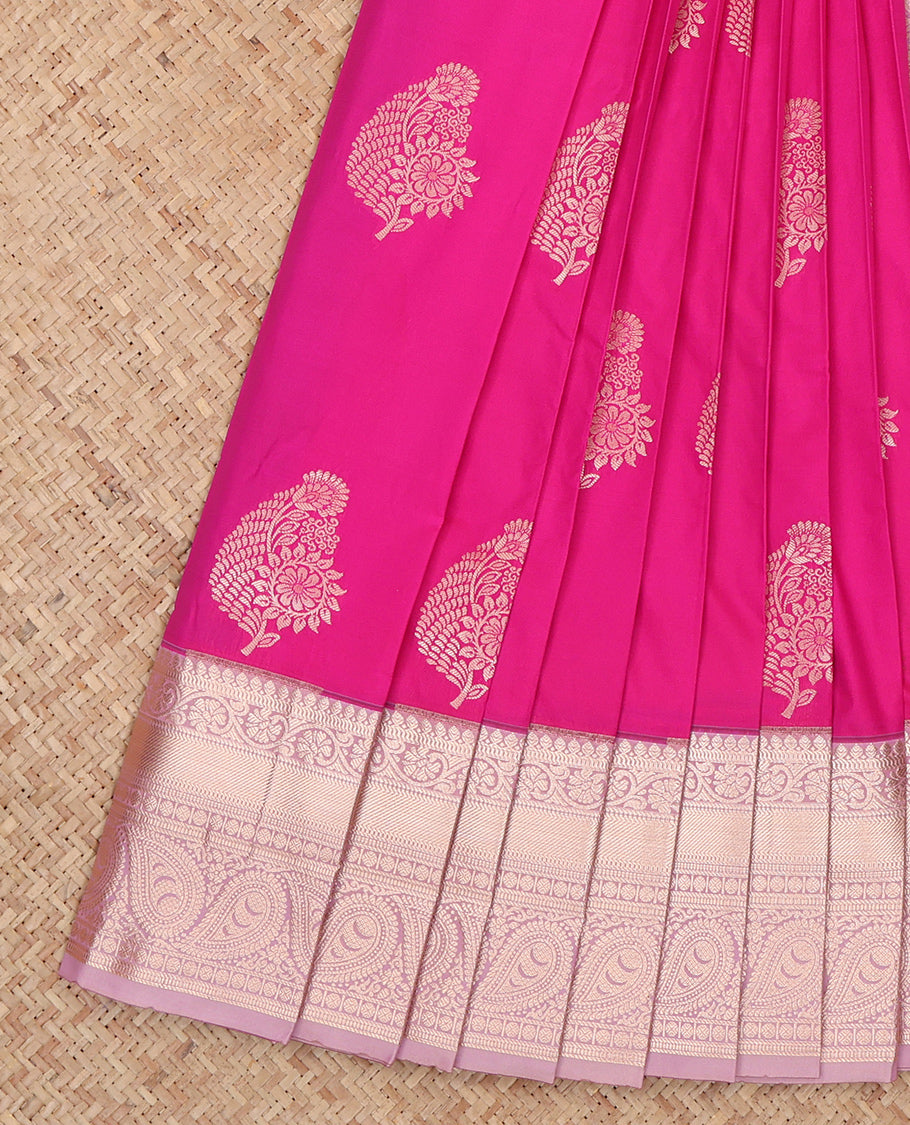 Pink Budget Silk Saree, Graced with Zari Buttas, Complemented by a Contrast Traditional Zari Border, Pallu of Paisleys, and a Contrast Blouse