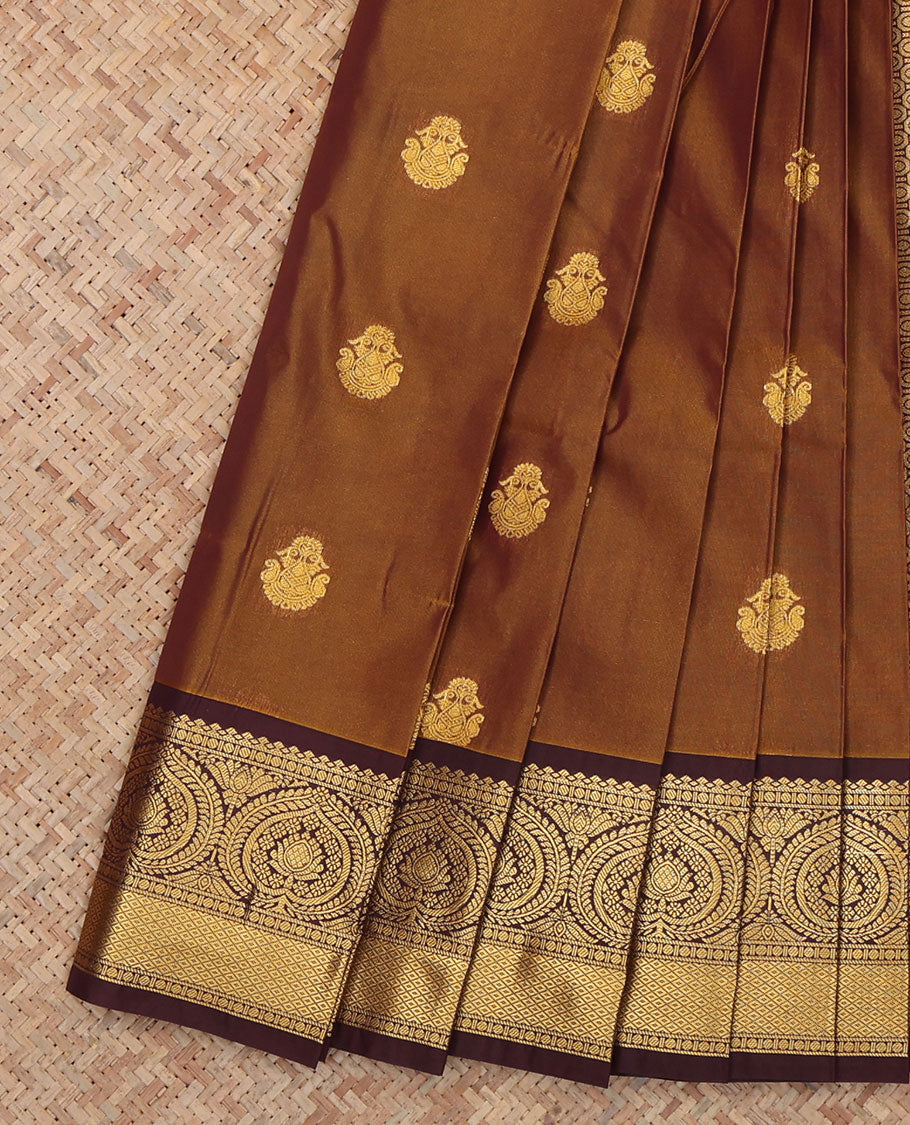 Brown Budget Silk Saree, Elevated with Zari Buttas, a Contrast Traditional Zari Border, a Grand Pallu and a Contrast Blouse