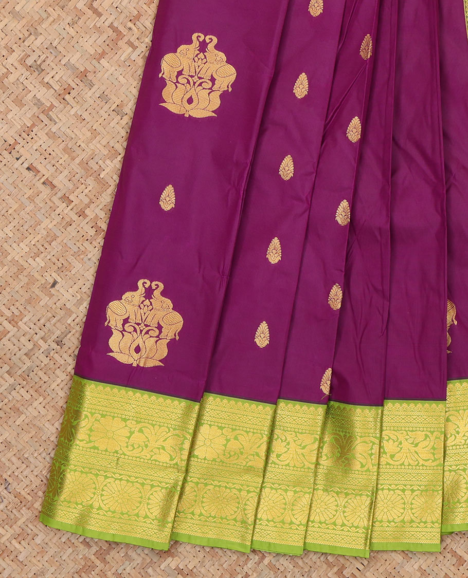 Purple Budget Silk Saree, Enlivened with Zari Buttas, Complemented by Contrast Traditional Zari Border, a Grand Pallu and a Contrast Blouse