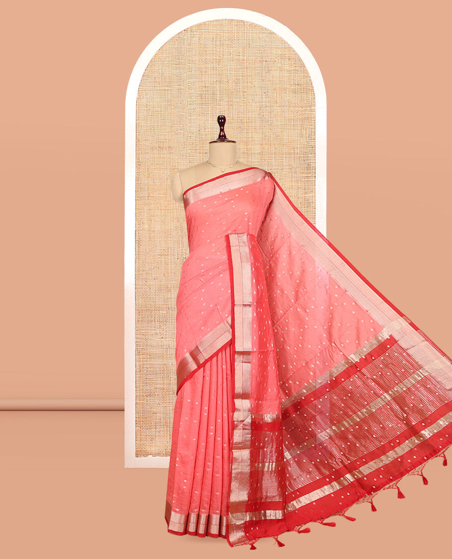 Peach Assam Silk Saree, Elevated with Zari Buttas, Complemented by Contrast Traditional Zari Border, Zari Woven Pallu, and Contrast Blouse