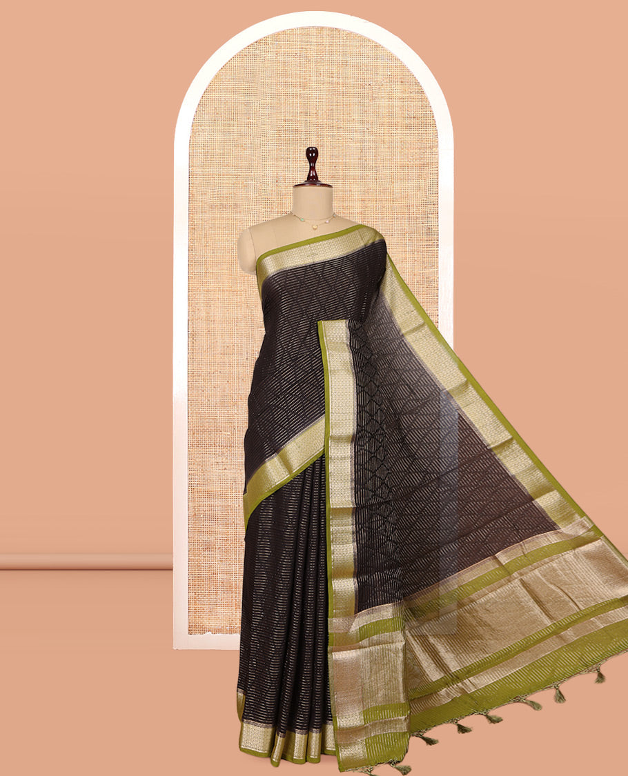 Brown Assam Silk Saree, Decorated with Zari Stripes, Complemented by Contrast Jaal Design Zari Border, Zari Woven Pallu, and Contrast Blouse