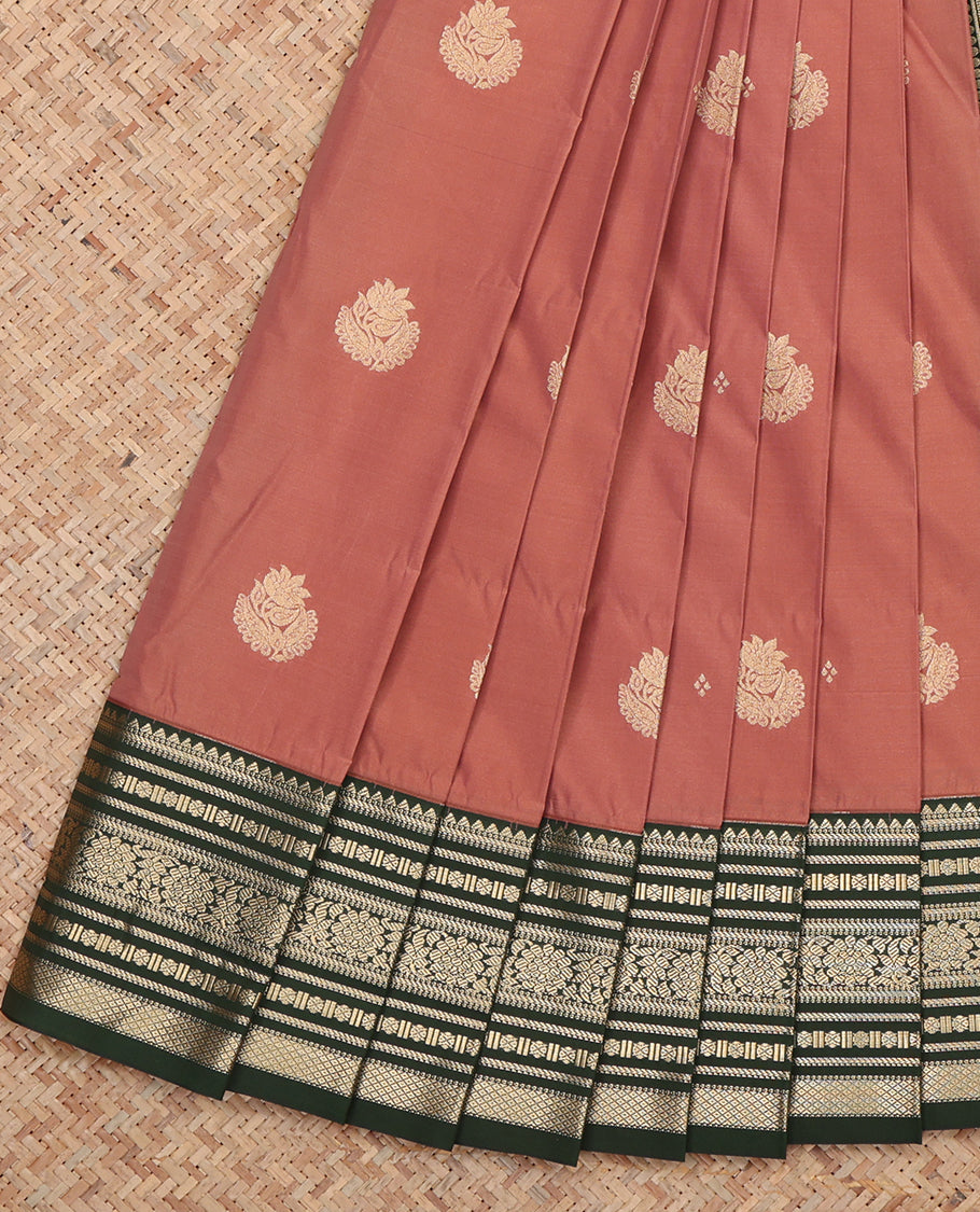 Peach Budget Silk Saree, Graced with Zari Buttas, Complemented by a Contrast Traditional Zari Border, Grand Pallu, and Contrast Blouse