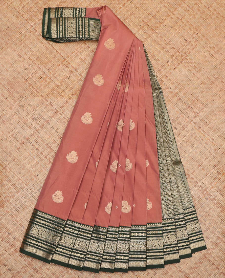 Peach Budget Silk Saree, Graced with Zari Buttas, Complemented by a Contrast Traditional Zari Border, Grand Pallu, and Contrast Blouse