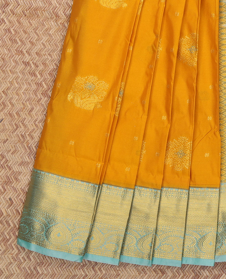 Yellow Budget Silk Saree, Enlivened with Zari Buttas, Complemented by a Contrast Traditional Zari Border, Grand Jaal Pallu, and Contrast Blouse