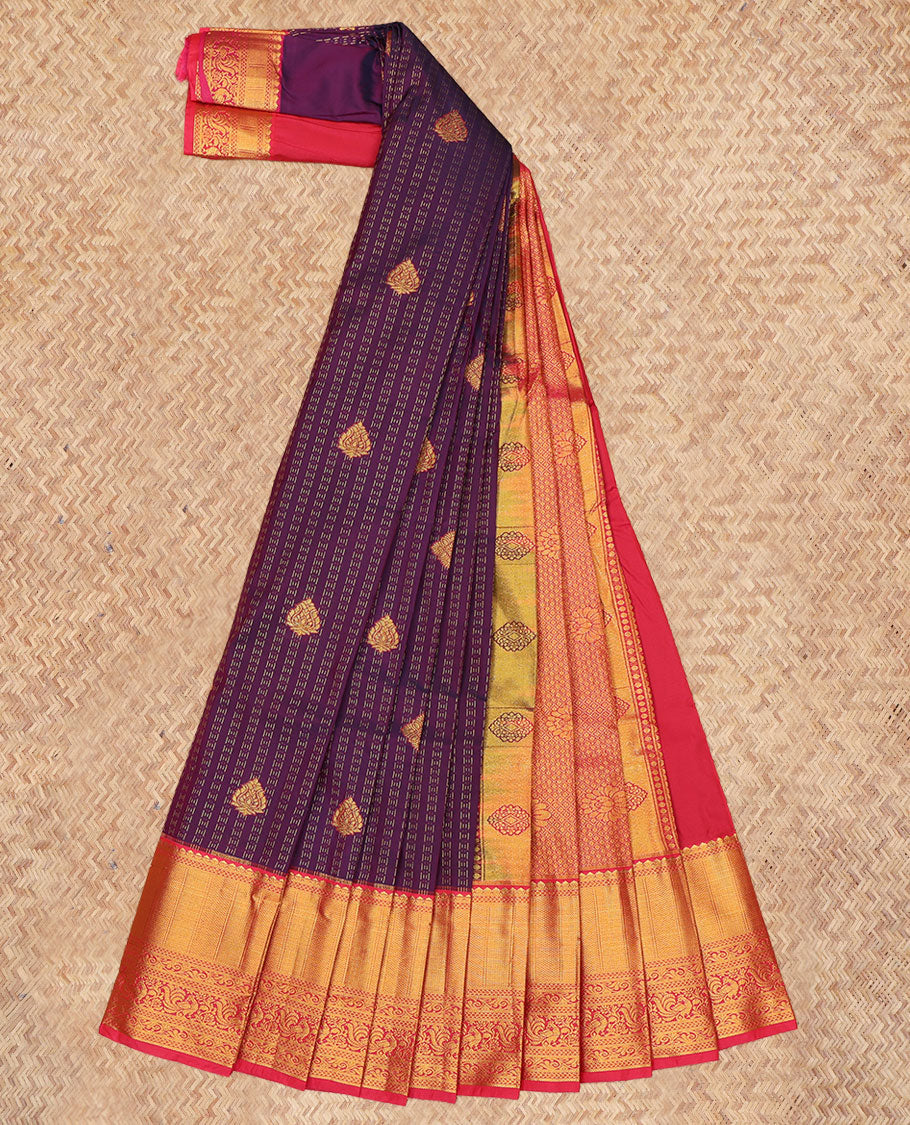 Wine Budget Silk Saree, Adorned with Zari Buttas, a Contrast Traditional Zari Border, Grand Pallu, and a Contrast Blouse