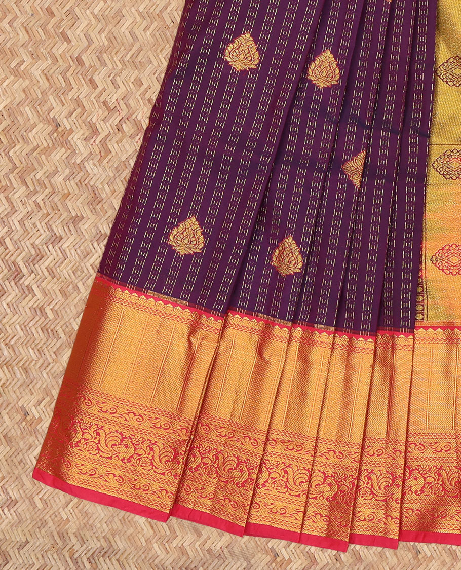 Wine Budget Silk Saree, Adorned with Zari Buttas, a Contrast Traditional Zari Border, Grand Pallu, and a Contrast Blouse