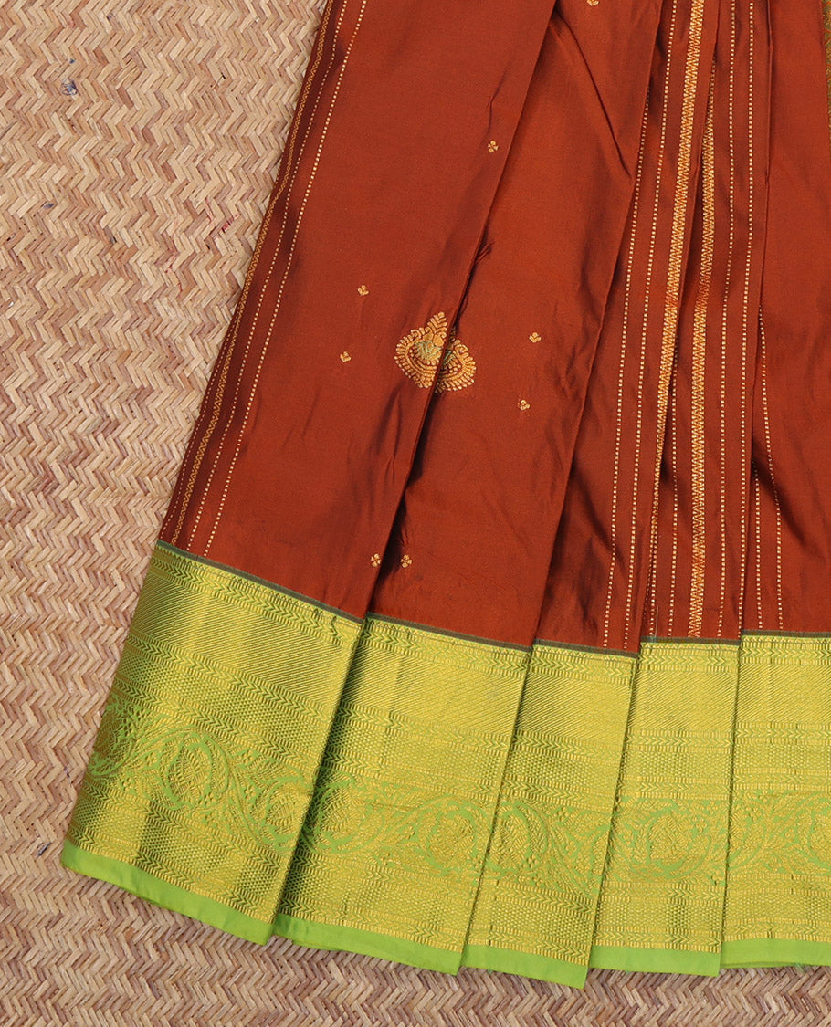 Rust Budget Silk Saree, Enthralled with Zari Buttas and Stripes, a Contrast Traditional Zari Border, Grand Pallu, and a Contrast Blouse