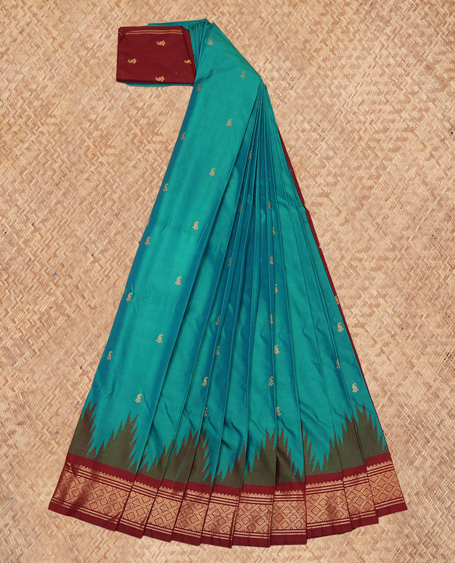 Green Budget Silk Saree, Spotlighted with Zari Buttas, a Contrast Traditional Temple Border, Intricate Pallu, and a Contrast Blouse