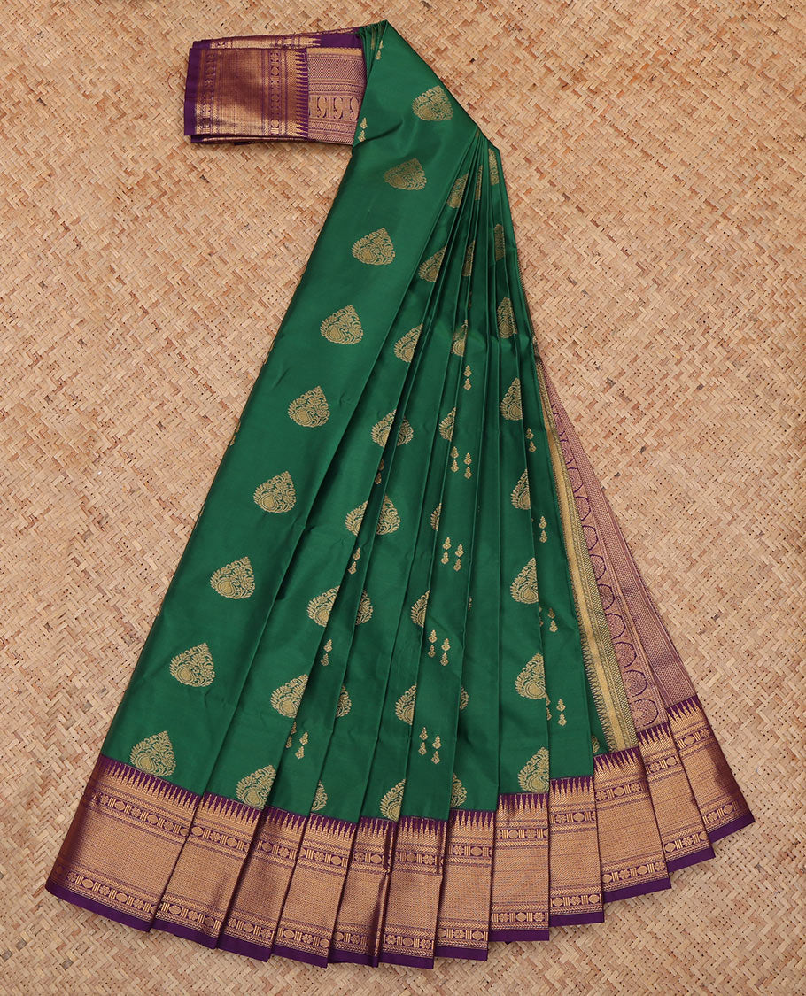 Green Budget Silk Saree, Decorated with Zari Buttas, a Contrast Traditional Zari Border, Grand Pallu, and a Contrast Blouse