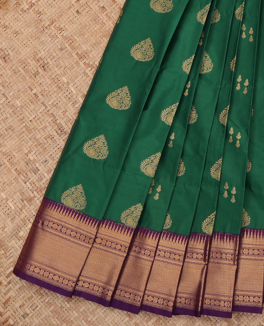Green Budget Silk Saree, Decorated with Zari Buttas, a Contrast Traditional Zari Border, Grand Pallu, and a Contrast Blouse