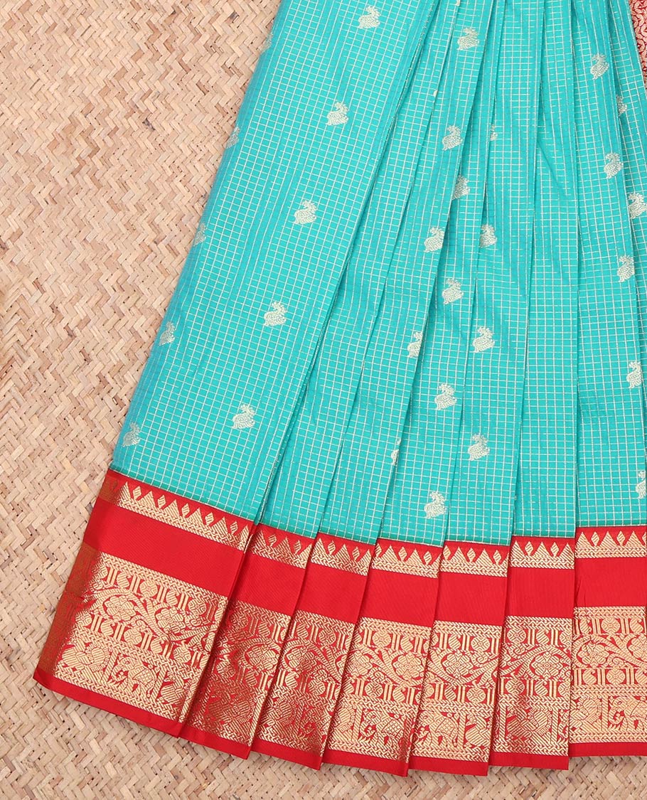 Blue Contrast Zari Butta and Checks Budget Silk Saree