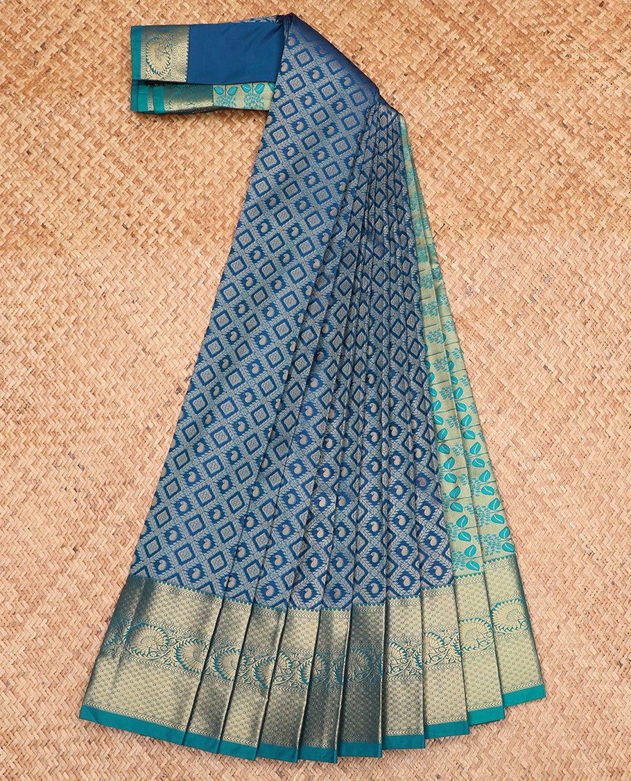 Blue jaal jacquard gift saree, contrast traditional zari design border, and pallu of floral designs