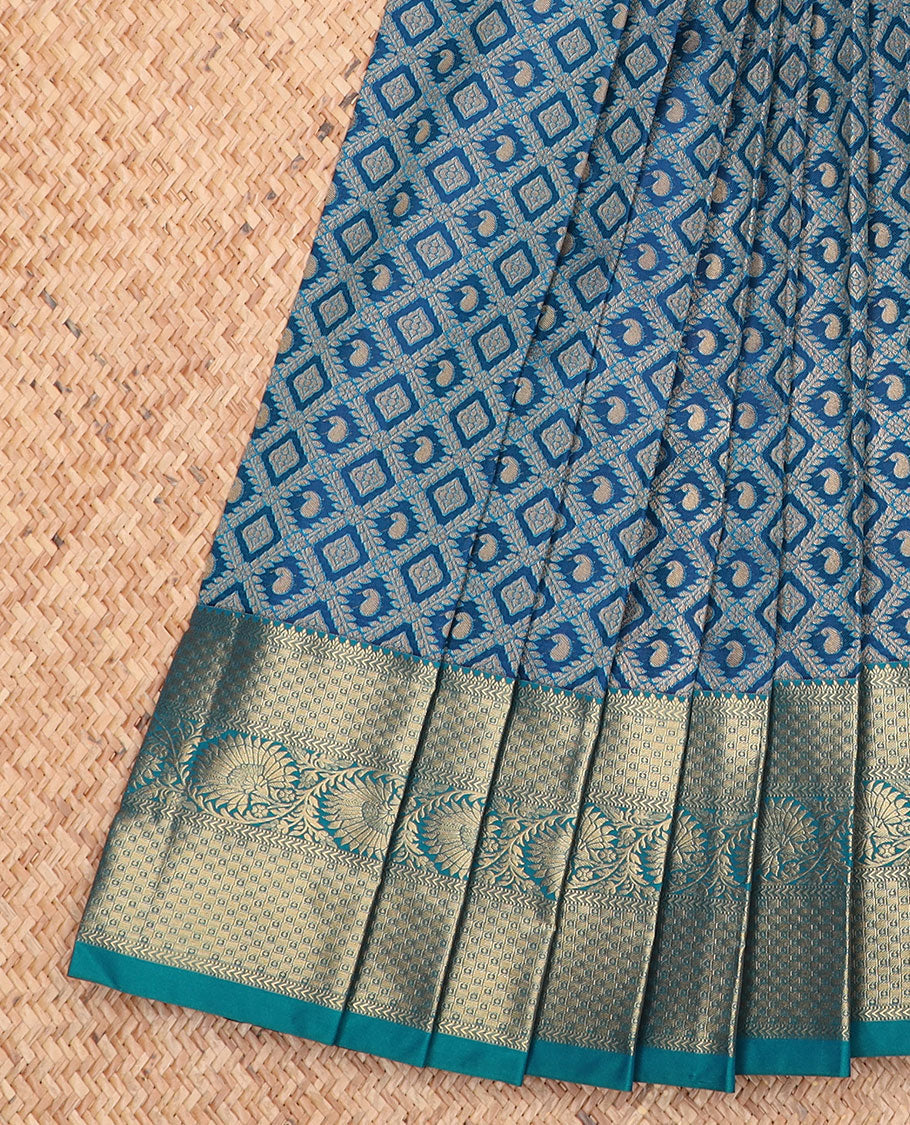 Blue jaal jacquard gift saree, contrast traditional zari design border, and pallu of floral designs