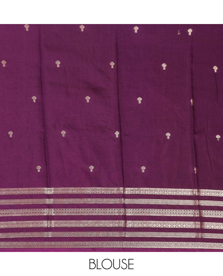 Pink zari buttas assam silk saree, contrast traditional zari design border, and zari striped pallu