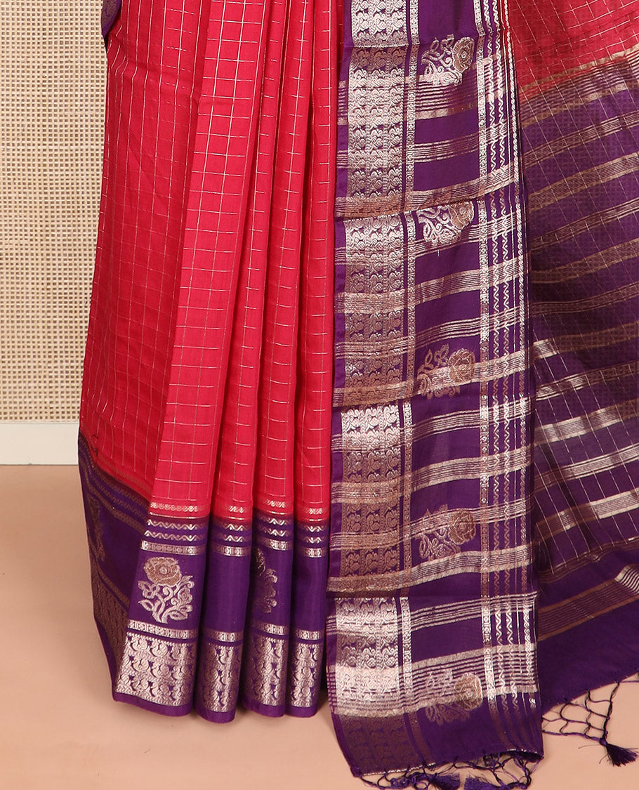 Red zari checked Assam silk saree, contrast traditional zari border of peacock and floral designs, and pallu of zari stripes
