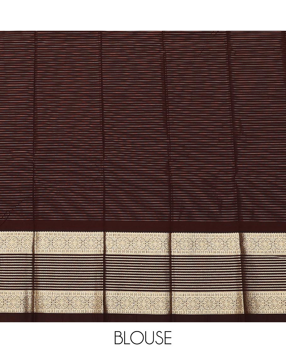 Red zari buttas, and striped gift saree, contrast traditional zari design border, and zari-rich jaal pallu