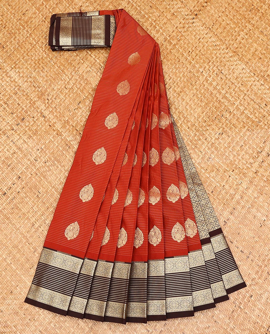 Red zari buttas, and striped gift saree, contrast traditional zari design border, and zari-rich jaal pallu