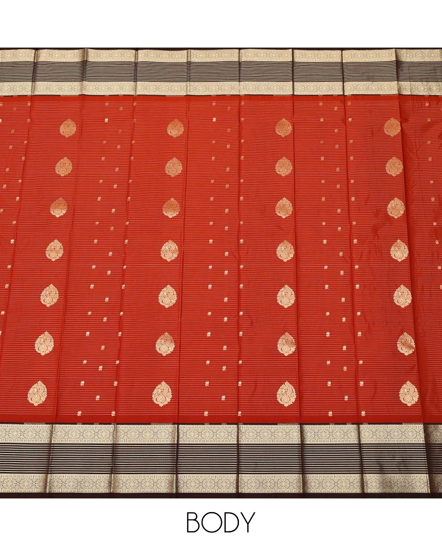 Red zari buttas, and striped gift saree, contrast traditional zari design border, and zari-rich jaal pallu