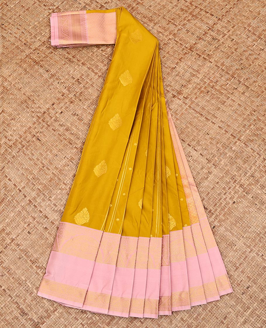 Yellow Budget Silk Saree, Gleamed Up with Zari Buttas All Over Its Body, Complemented by a Contrast Traditional Zari Design Rettai Pettu Border, Sparsely Woven Pallu of Jaal Designs, and Paired with a Contrast Blouse