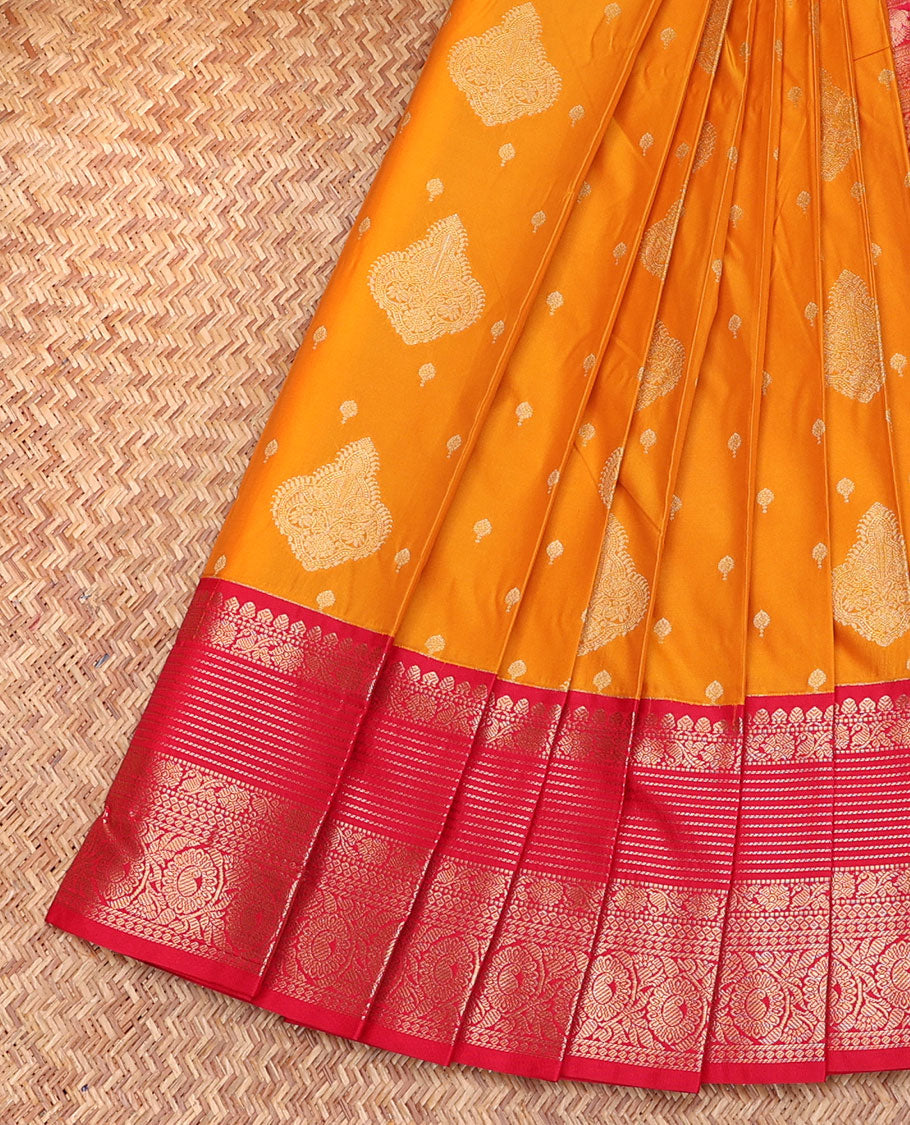 Orange Budget Silk Saree, Detailed with Zari Buttas, Complemented by a Contrast Traditional Zari Design Border, Grand Jaal Pallu, and a Contrast Blouse